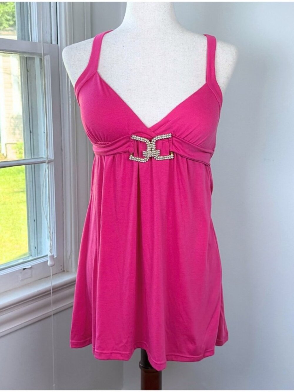 Y2K Vintage Vixen Hot Pink Babydoll Camisole Top Rhinestone Buckle Small McBling